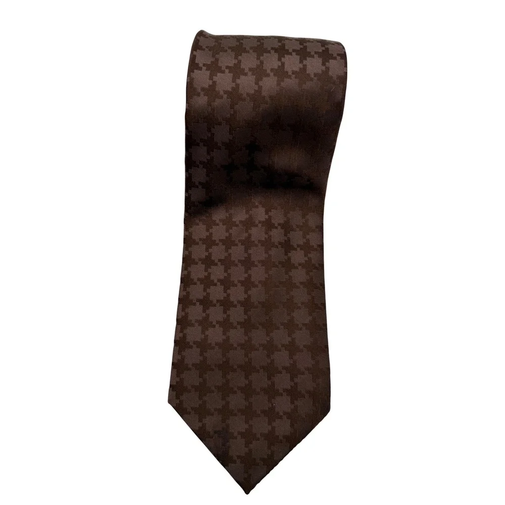 Mazzoni Mens Silk‎ Tie Brown Houndstooth Pattern Jacquard Formal Business
